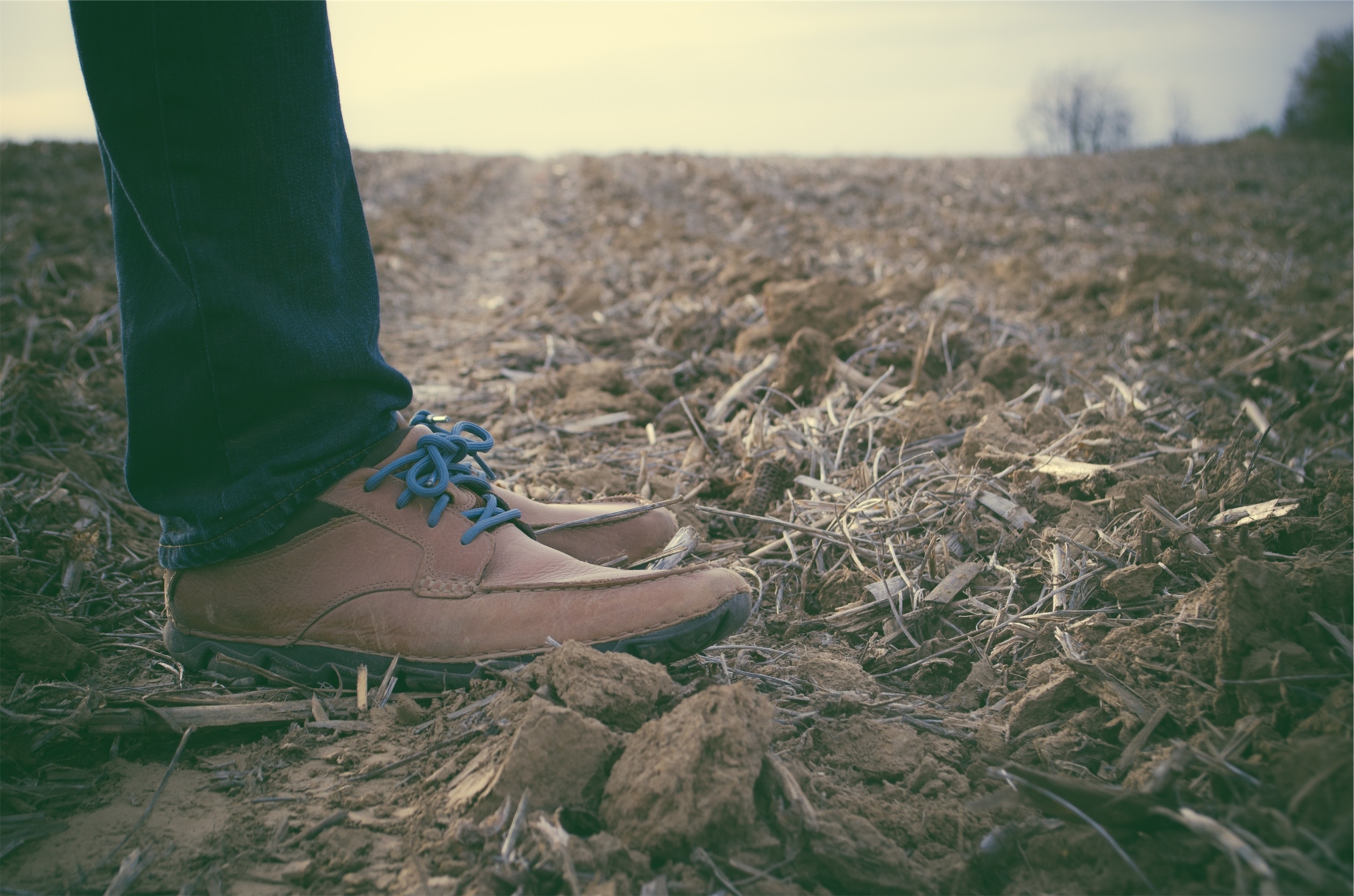 person in jeans and brown shoes standing on brown soil ground\