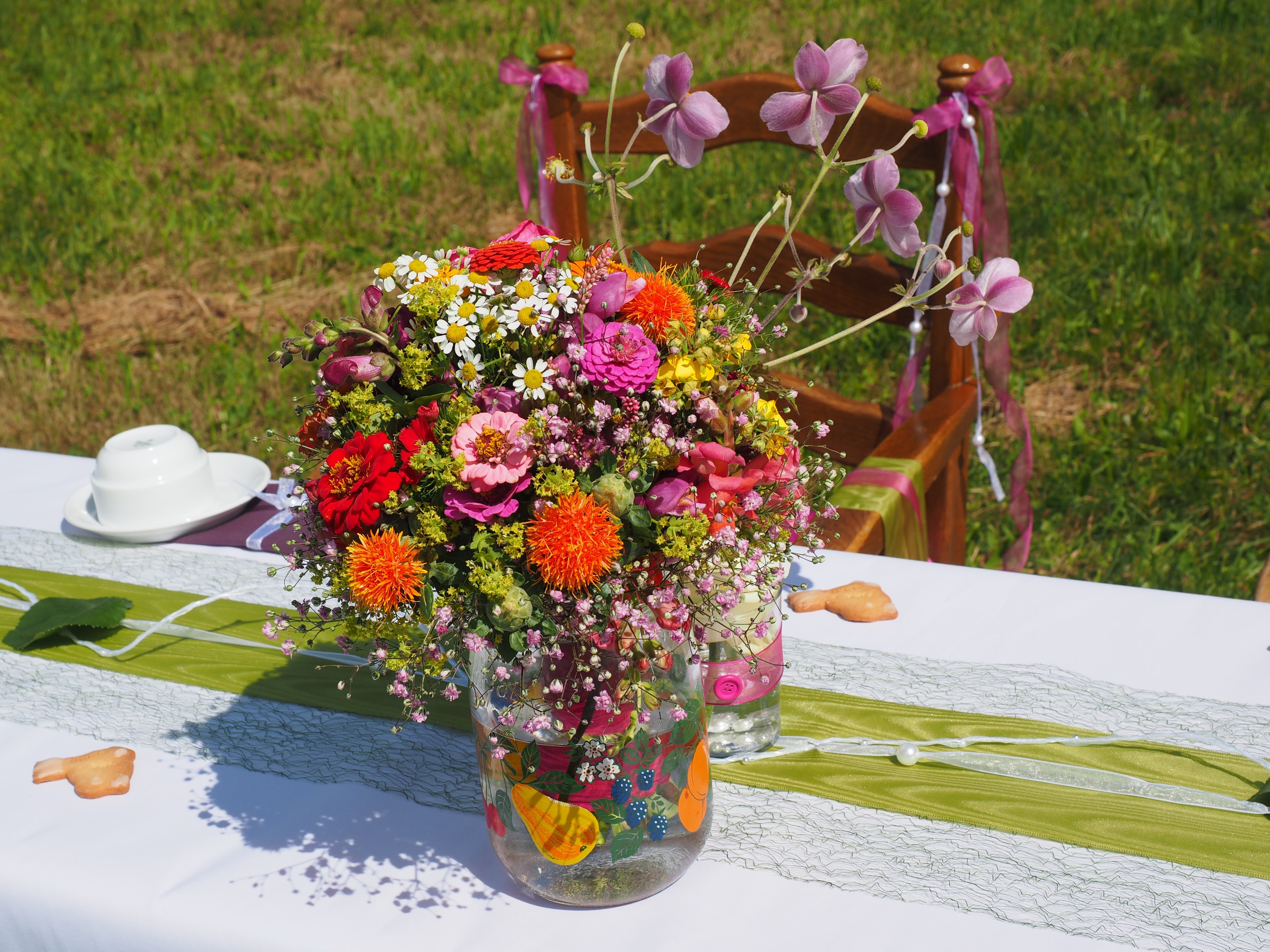 red-white-and-yellow petaled flower centerpiece