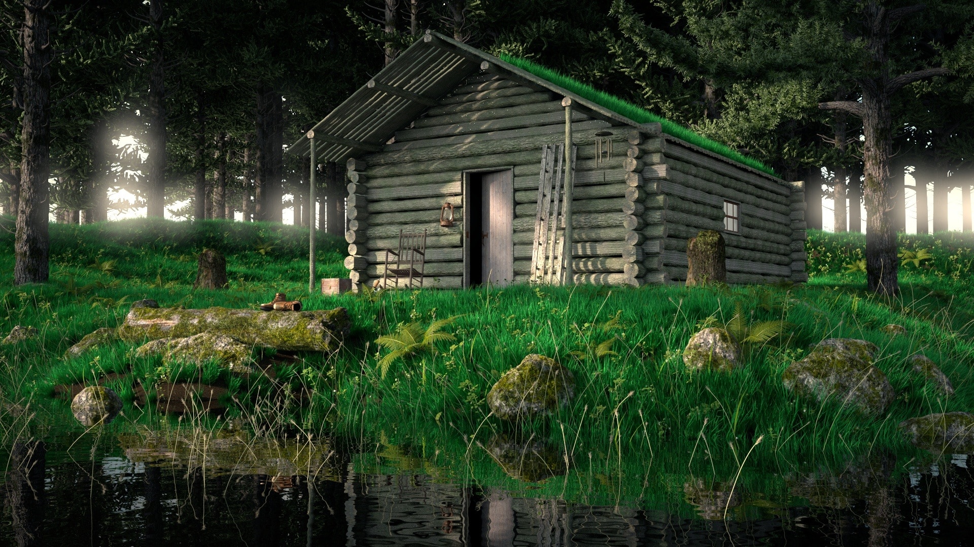 gray log cabin shown