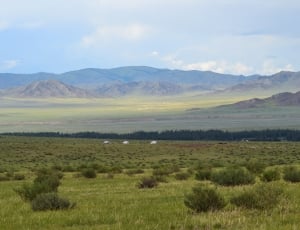 landscape photo of green field and mountains during daytime thumbnail