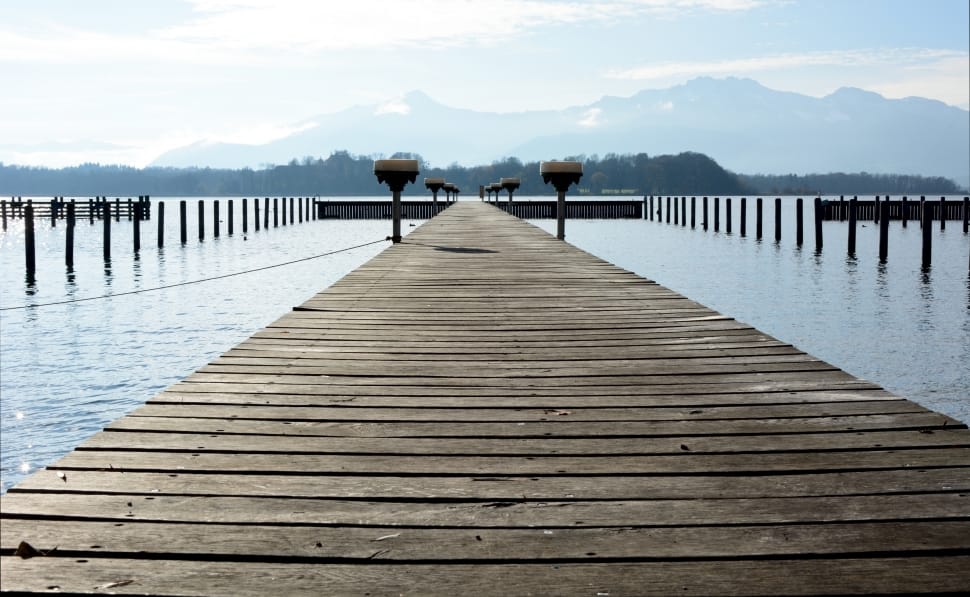 body of water and brown wooden dock preview