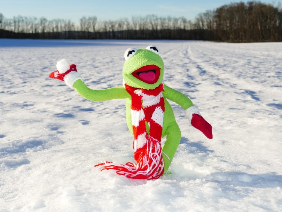 green frog plush toy with red and white knit scarf preview