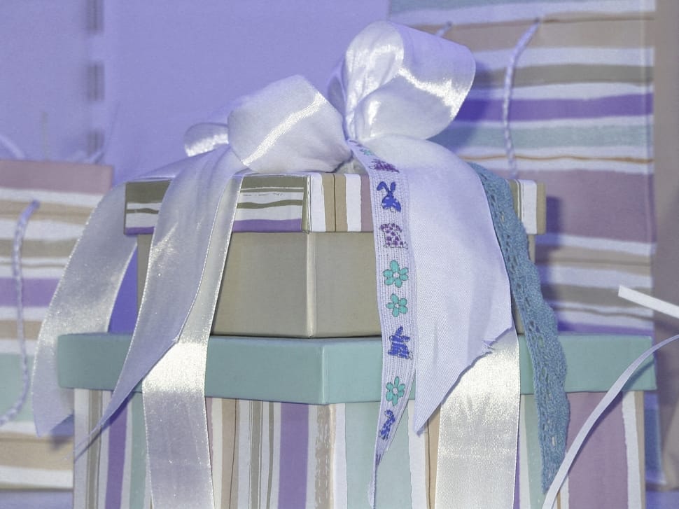 white beige and purple box with ribbon preview