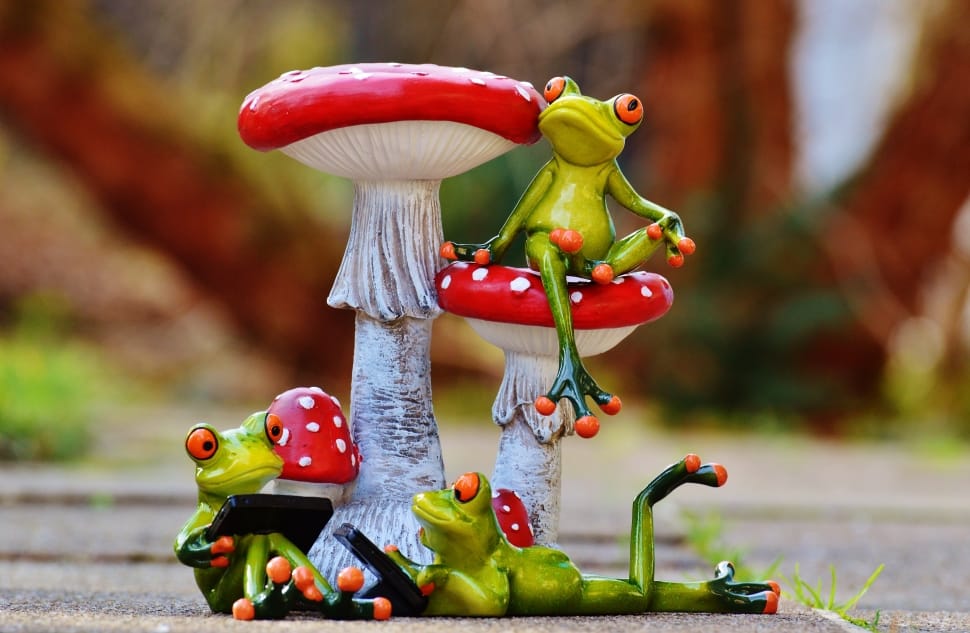 Figures, Cute, Funny, Frogs, Mushrooms, focus on foreground, red preview