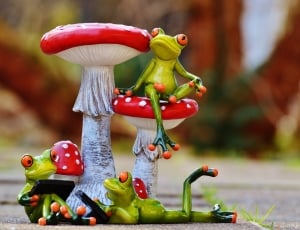 Figures, Cute, Funny, Frogs, Mushrooms, focus on foreground, red thumbnail