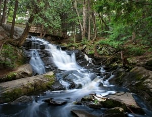 time-lapse photography of water flowing on rocks surrounded with trees at daytime thumbnail