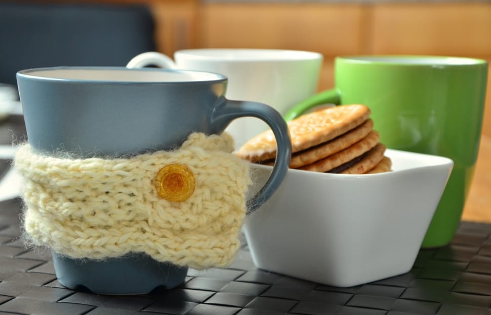 ceramic mugs set and bowl of biscuits preview