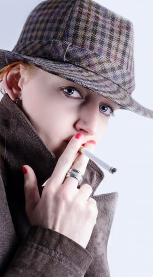women's brown gingham fedora hat and leather coat thumbnail