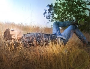 person in black shirt wearing blue jeans laying on green grass field thumbnail