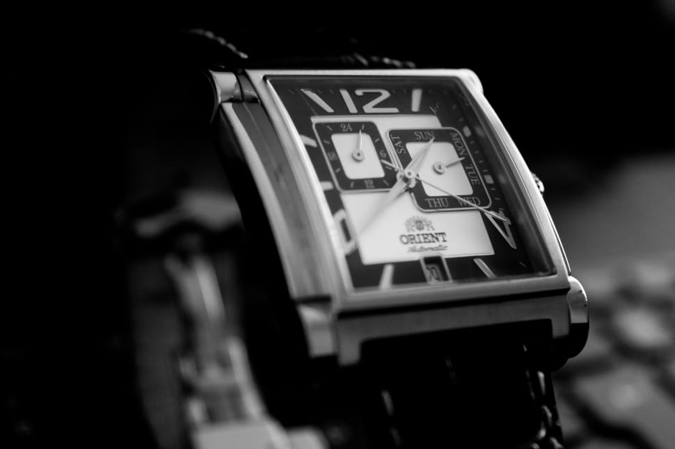 black strap silver chronograph watch preview