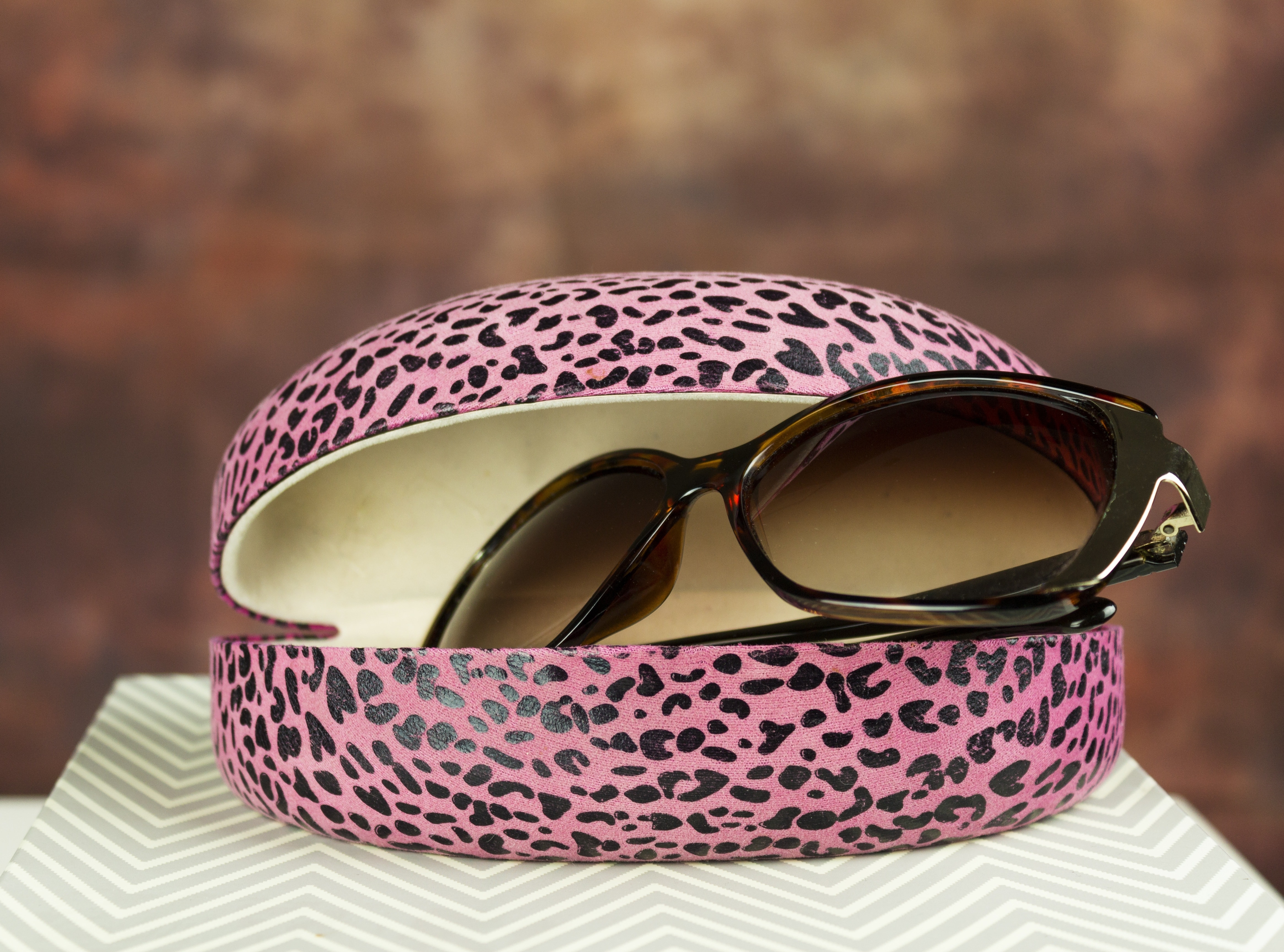 brown frame sun glasses and case