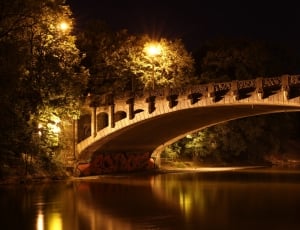 concrete bridge across body of water at nighttime thumbnail