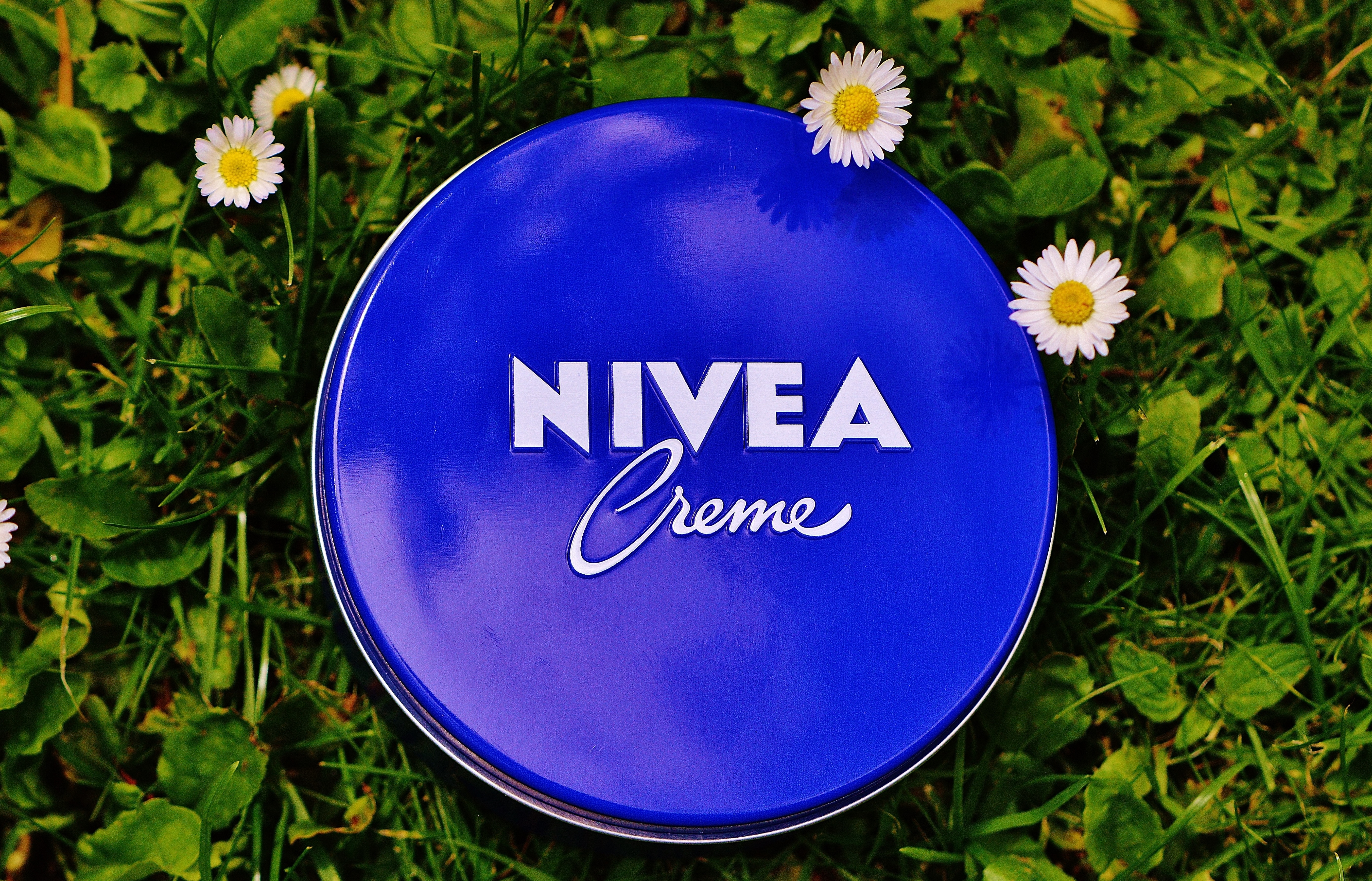 blue nvea creme metal container on green leaf with four white daisy flowers