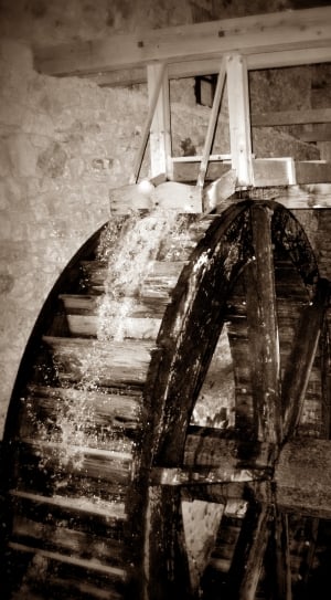 brown and white wooden water mill thumbnail