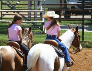 two girls riding horses at daytime thumbnail