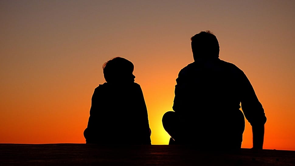 silhouette of boy and man sitting facing sunset preview