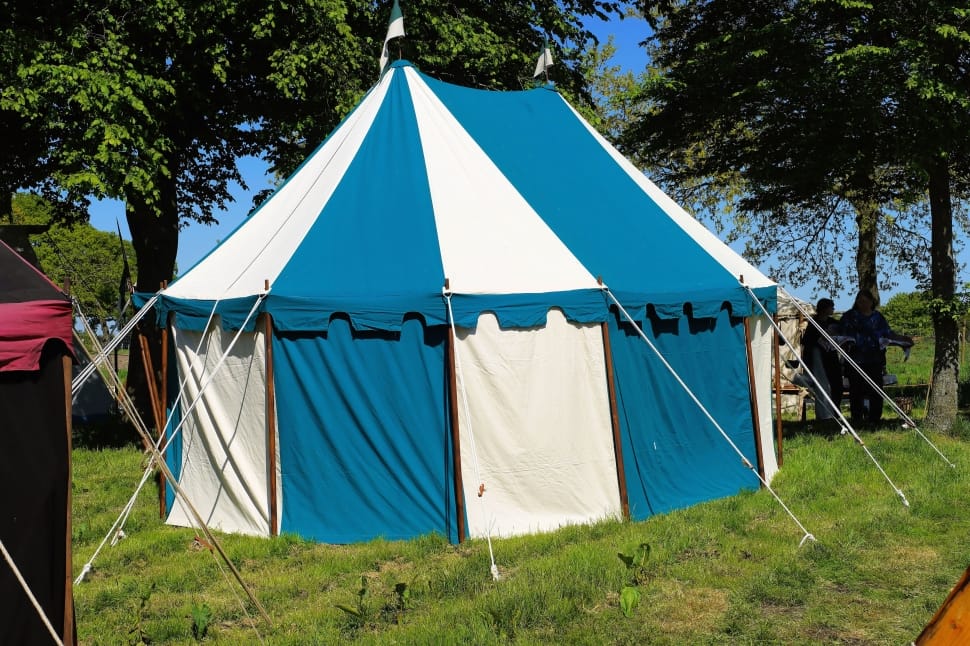 Tent, Striped, Blue White, Ritterzelt, tent, tree preview