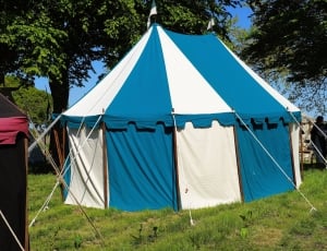 Tent, Striped, Blue White, Ritterzelt, tent, tree thumbnail