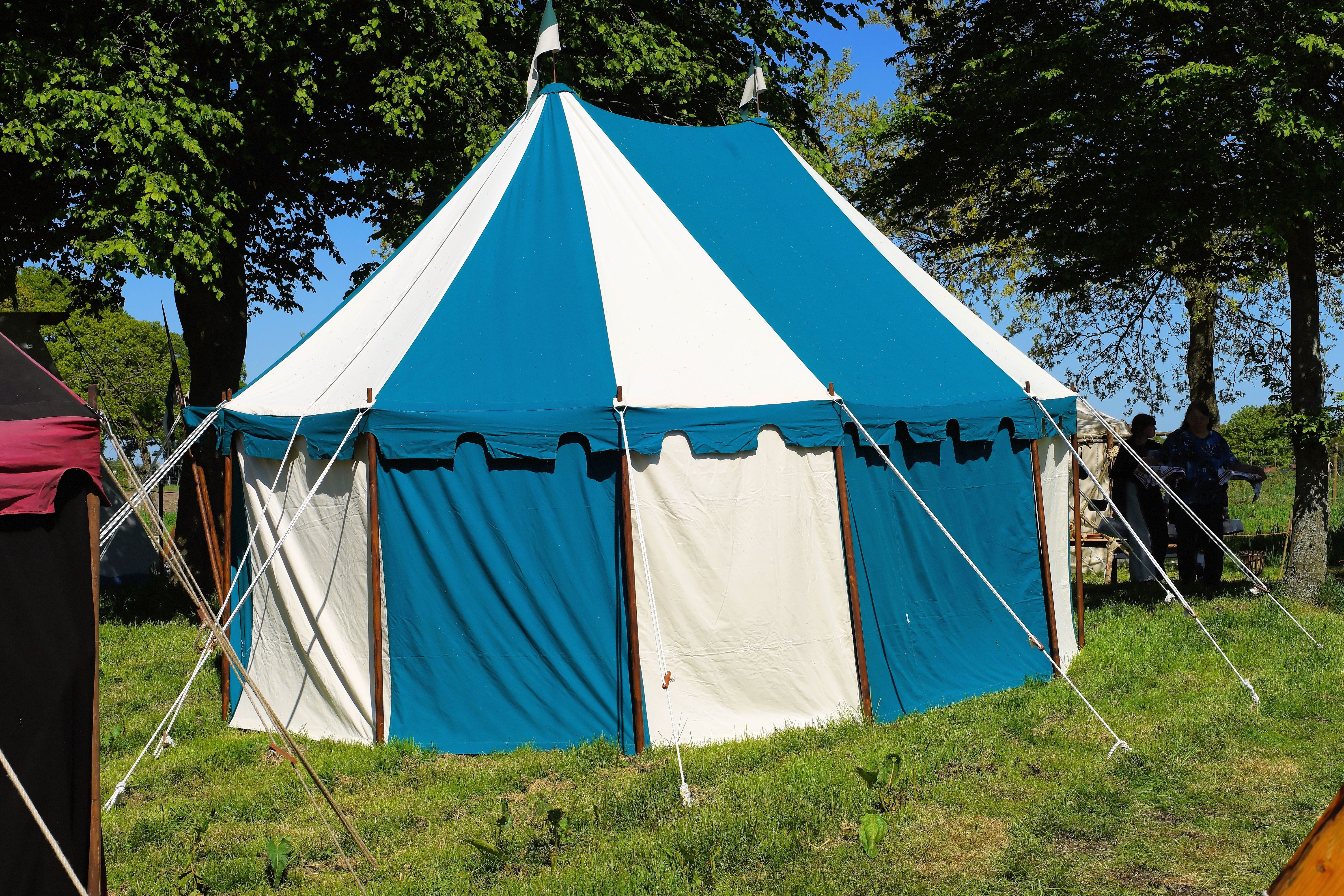 Tent, Striped, Blue White, Ritterzelt, tent, tree
