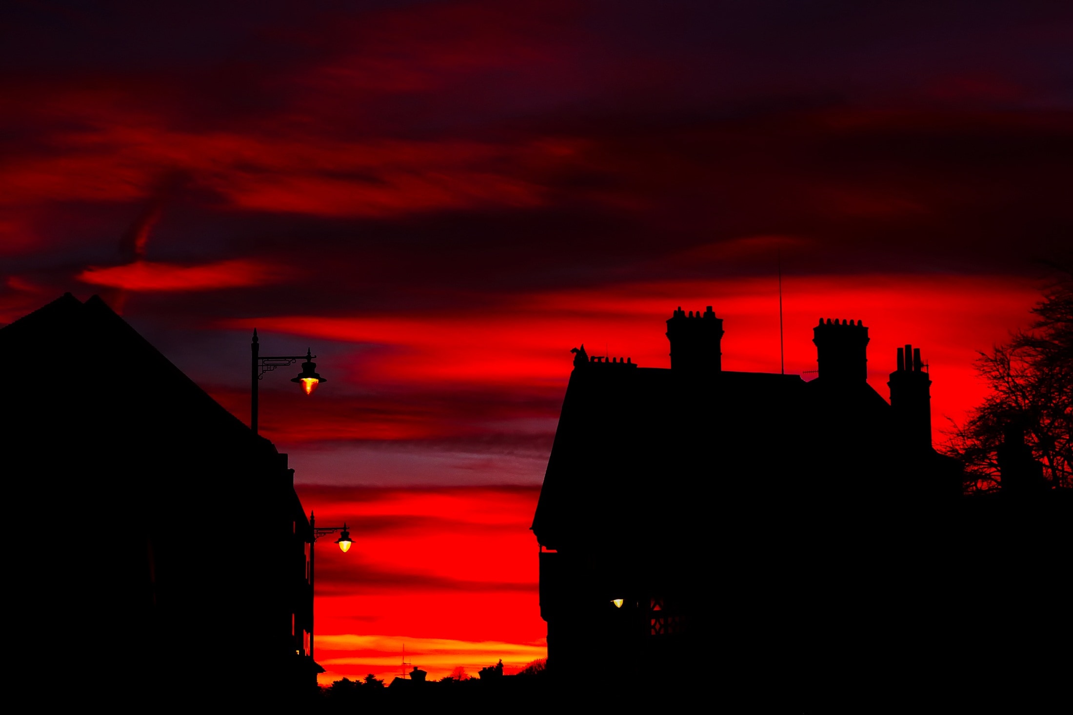 Sunset, England, Silhouettes, Dusk, red, silhouette
