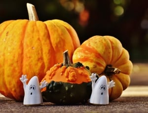 orange pumpkin with ghost figurine thumbnail