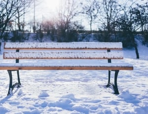 black and brown outdoor bench covered with snow during daytime thumbnail