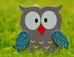 gray and blue wooden owl freestanding deco thumbnail