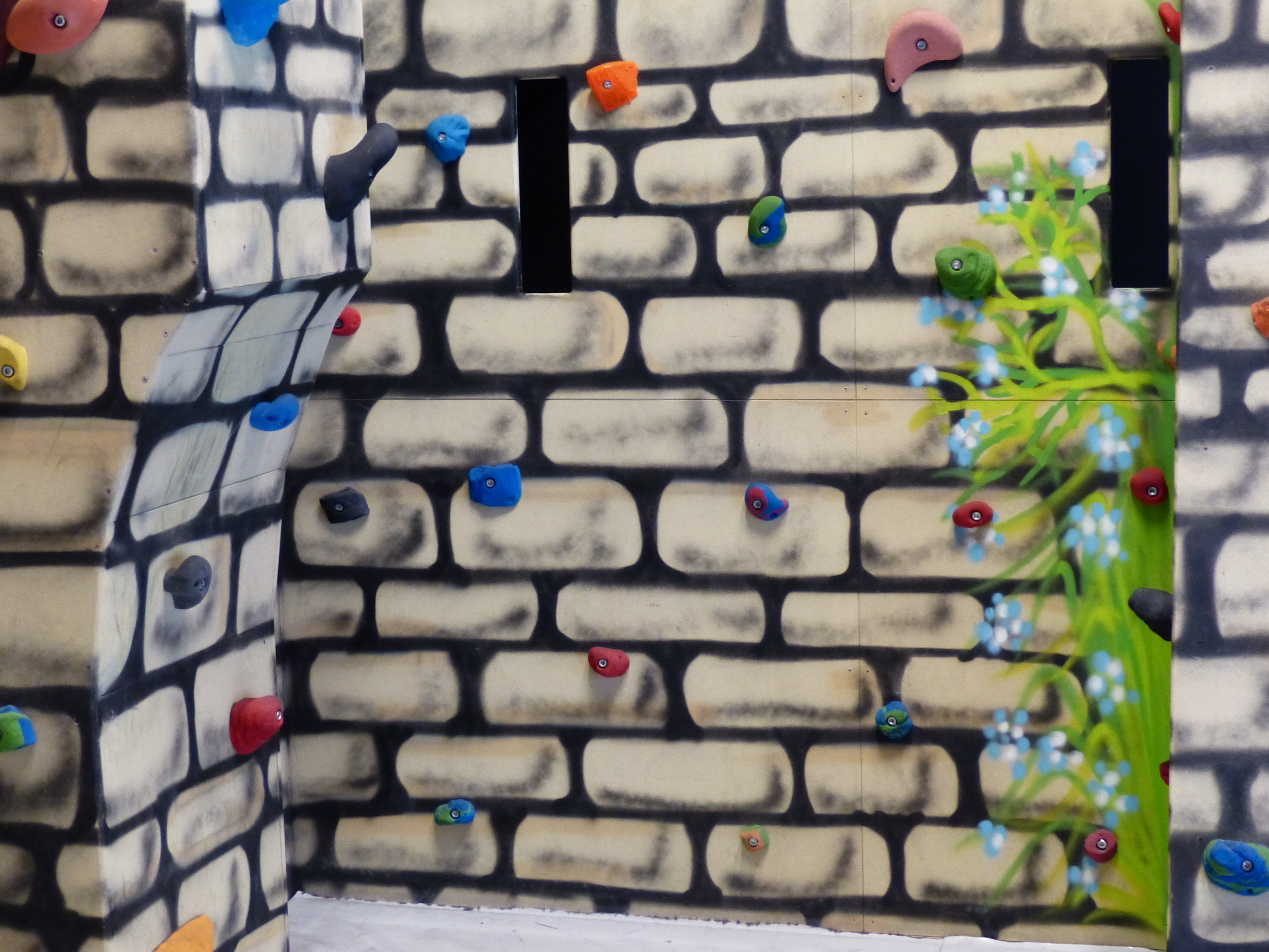white black green and blue rock climbing wall