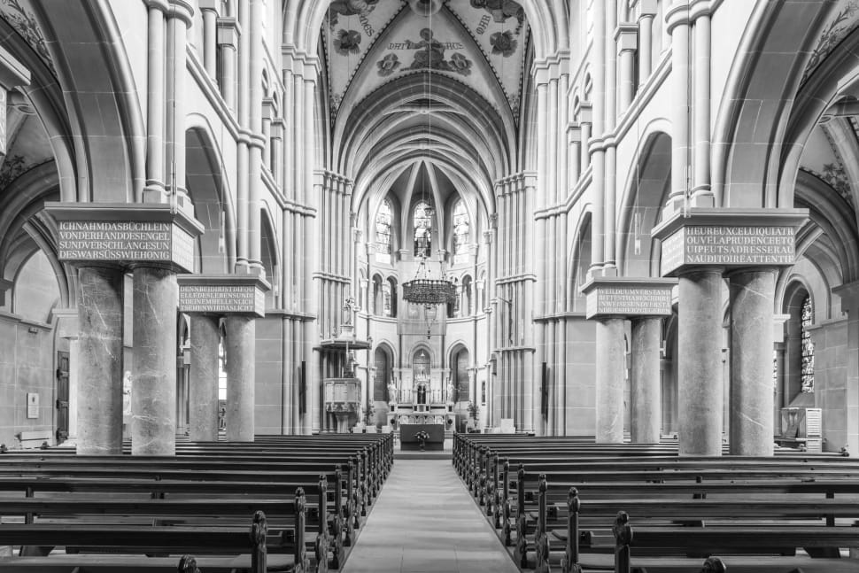 grey scale photo of cathedral interior preview