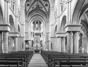 grey scale photo of cathedral interior thumbnail