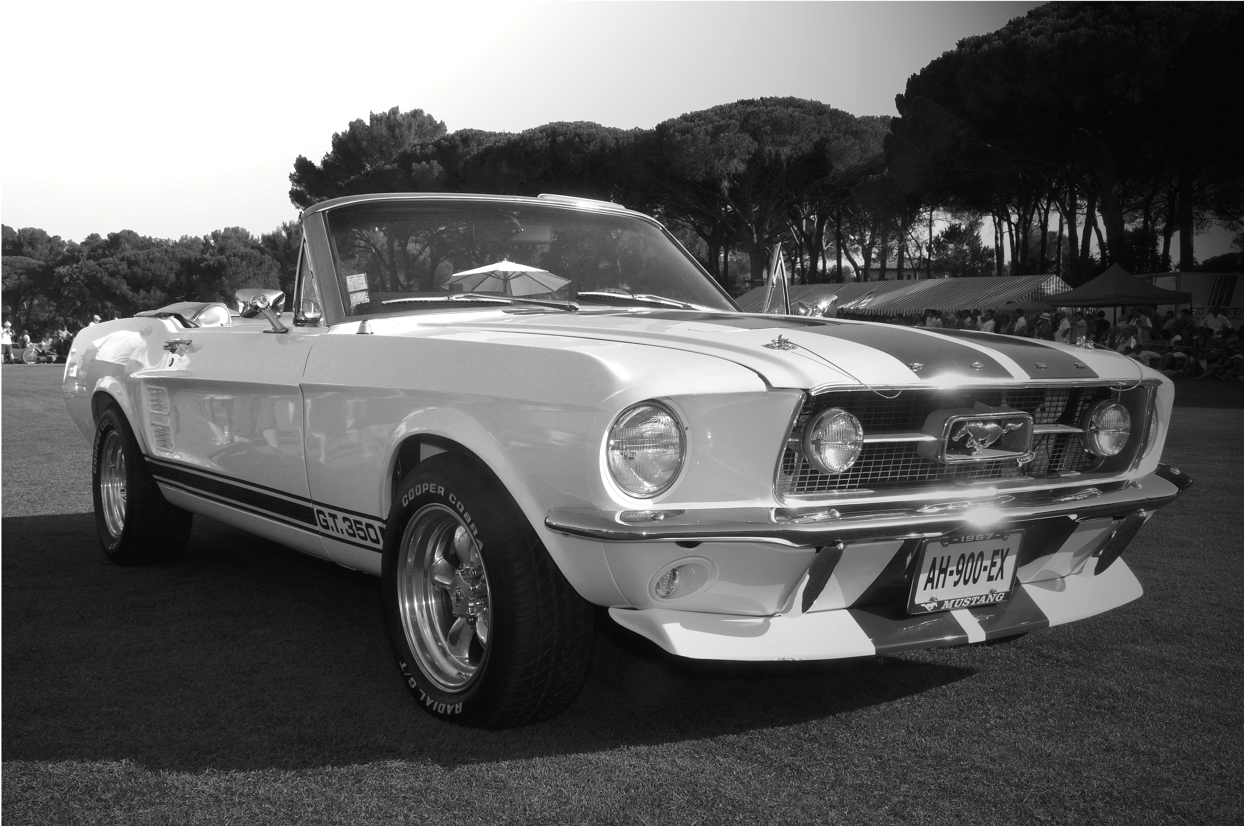 grayscale photo of Ford Mustang GT 350 convertible