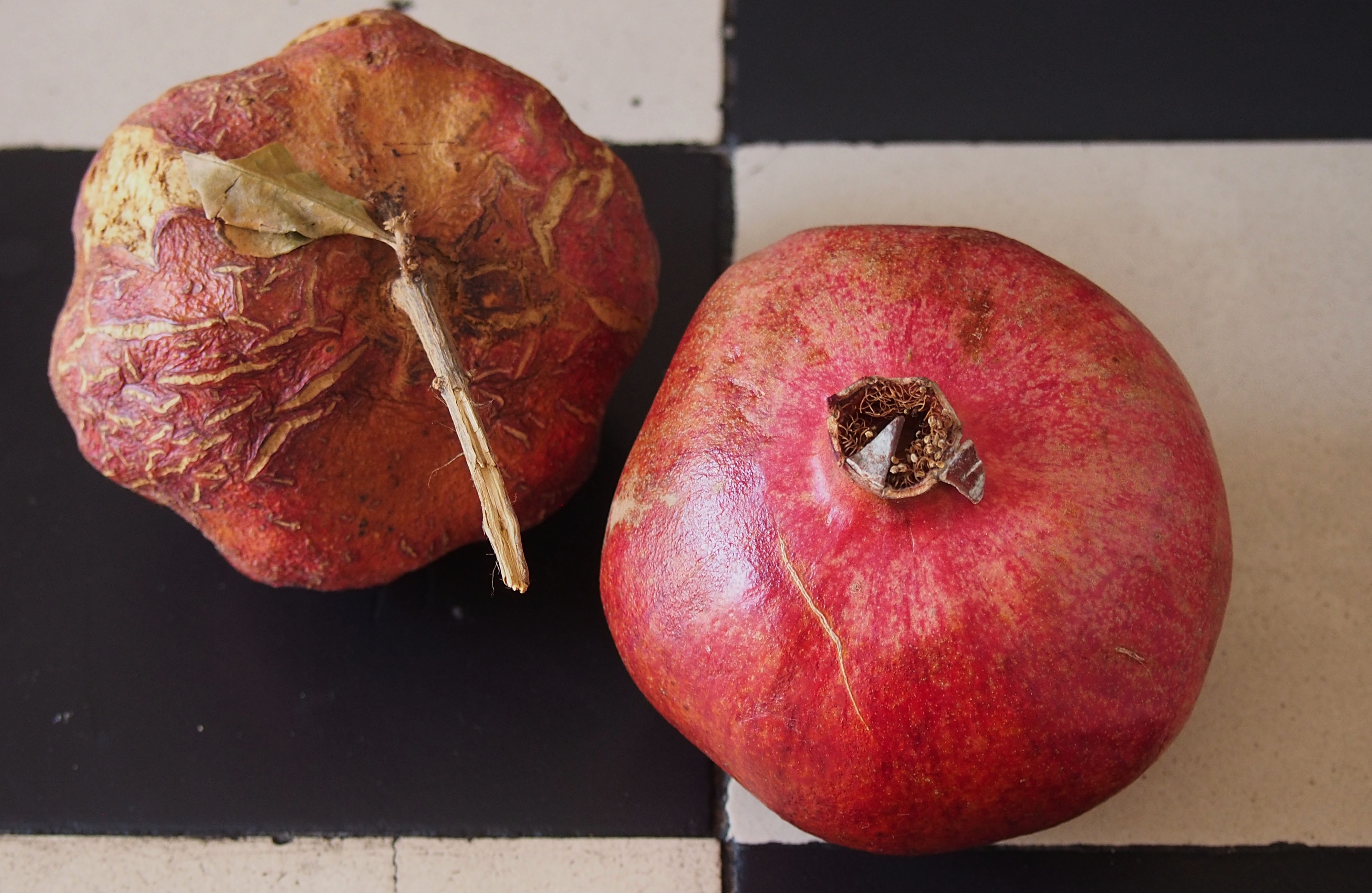 two red vegetables on black and white surface