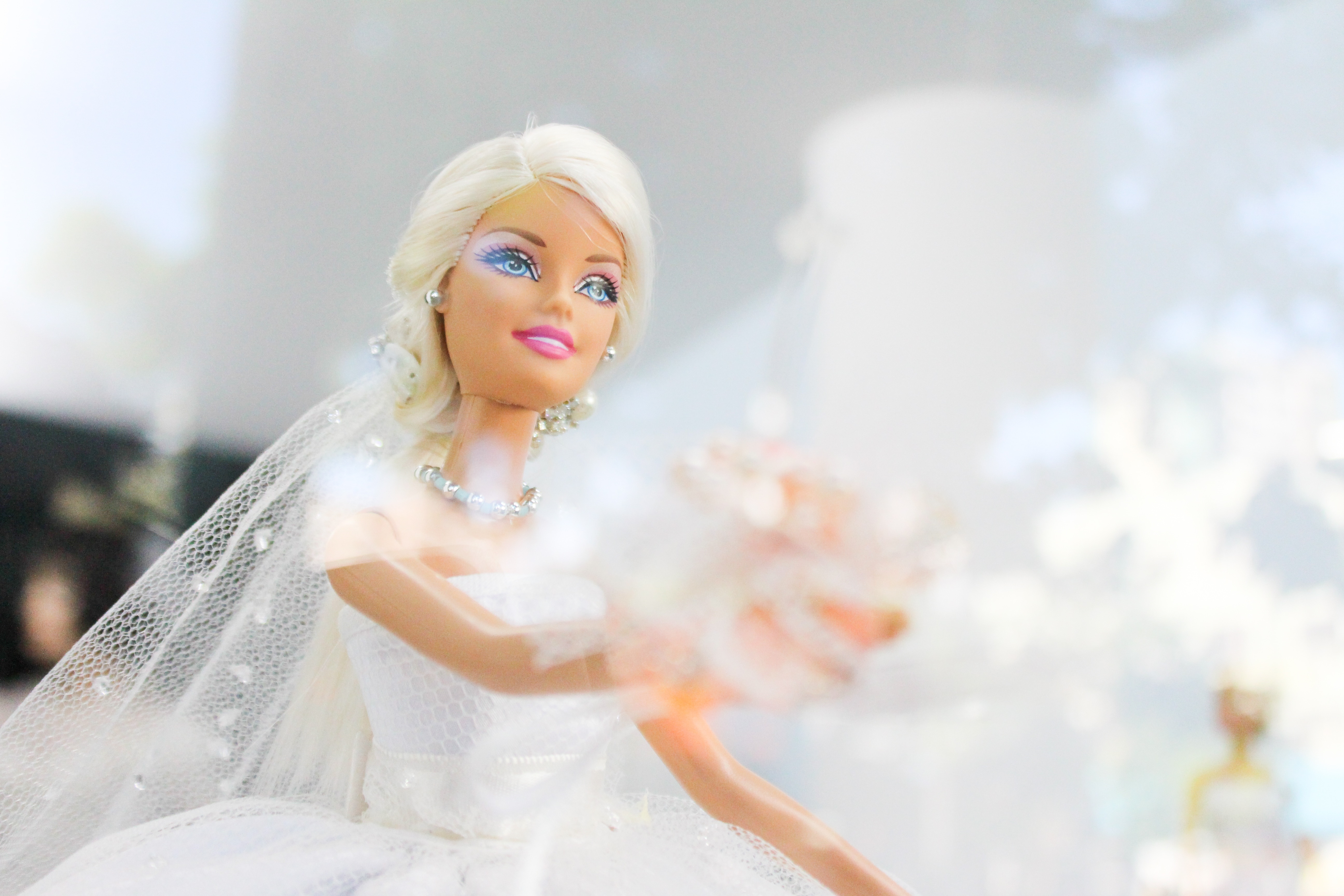 close capture of barbie in her wedding dress