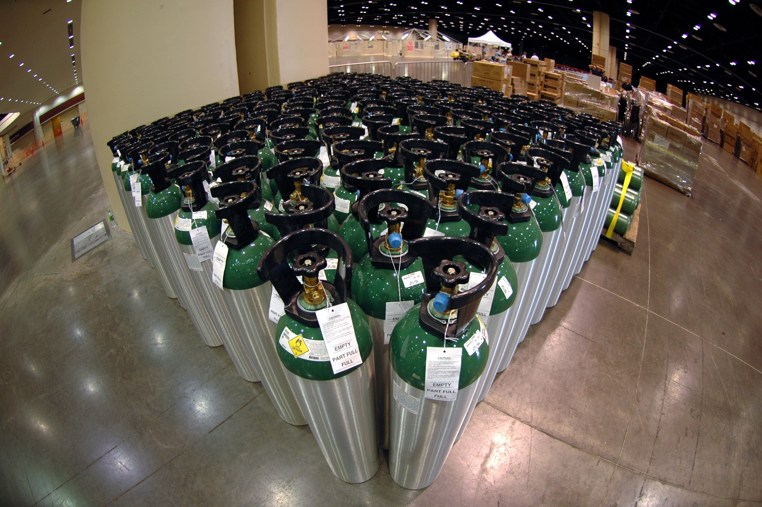 Supplies, Warehouse, Oxygen, Canisters, in a row, bottle