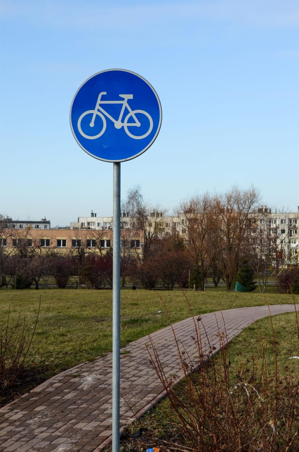 blue round bicycle signage on green grass field preview
