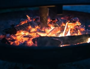 round black firepit with burning woods on top thumbnail