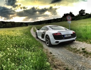 white sports coupe on gray ground surrounded with green fields at daytime thumbnail