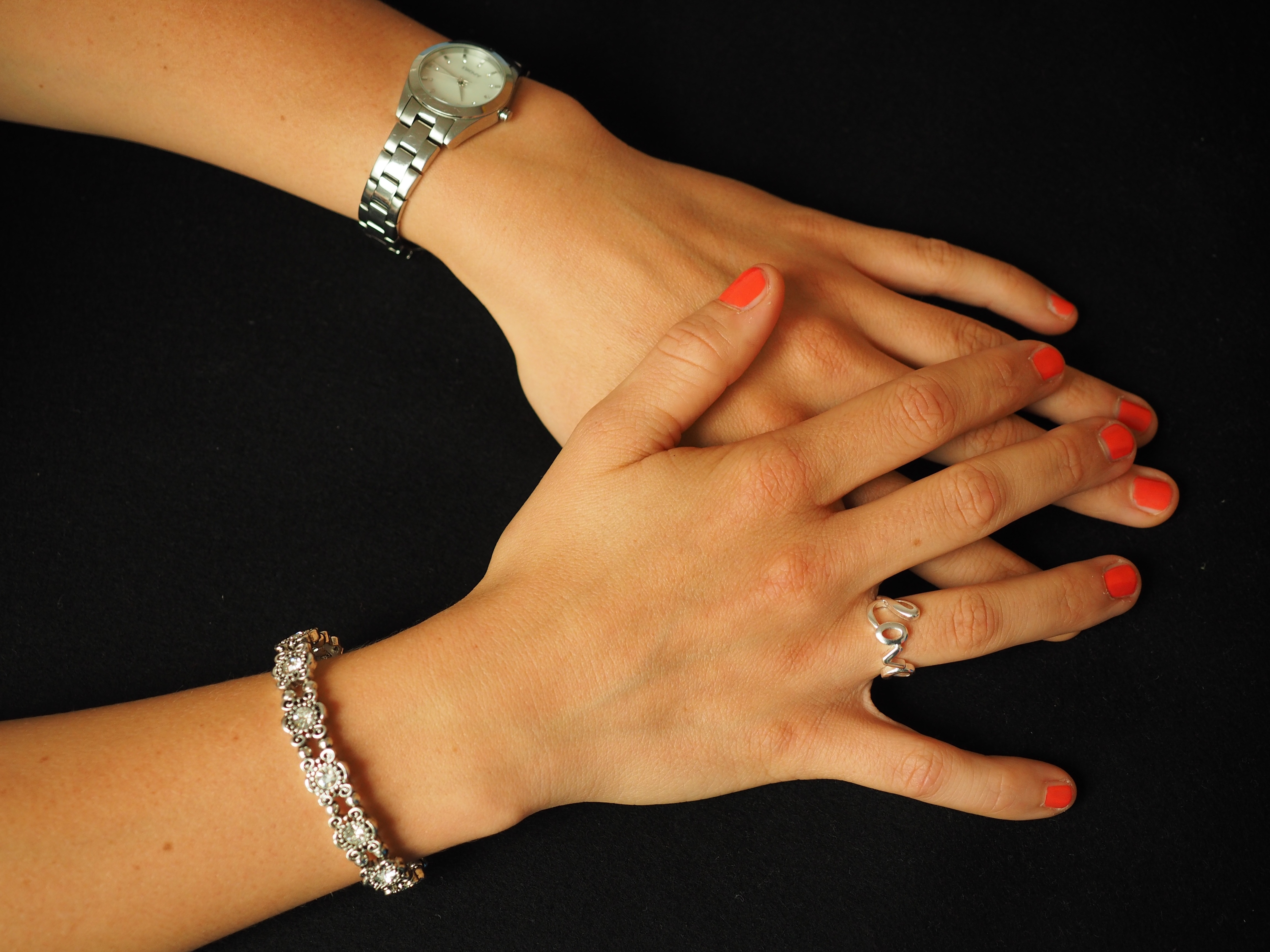 silver love ring link strap round analog watch and diamond embellish silver bracelet