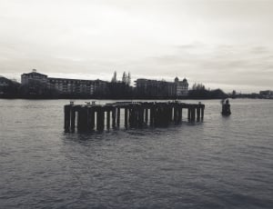 gray scale photo of structure in body of water thumbnail