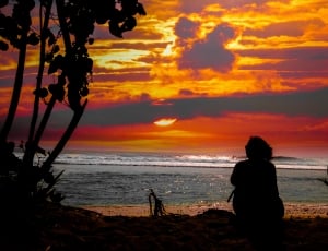 silhouette of  person seating on seashore during sun set thumbnail