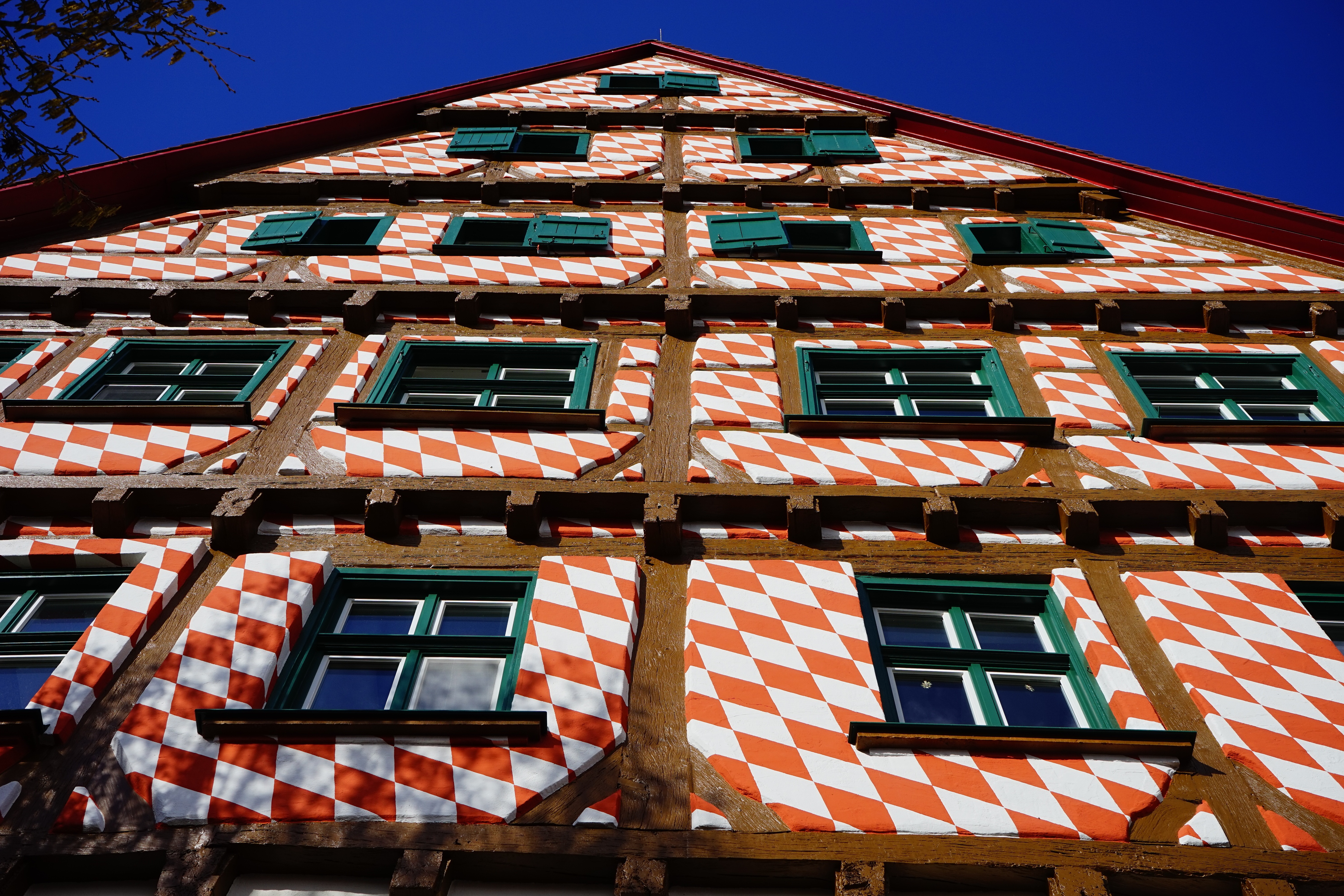 orange and white checkered print building