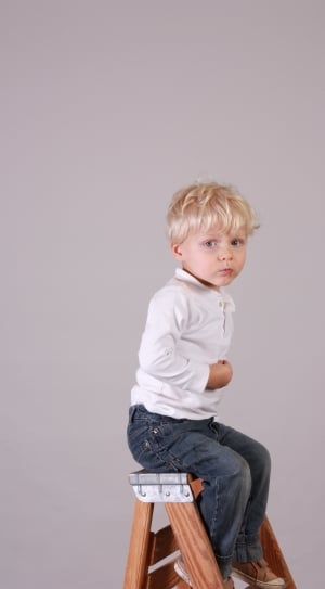 boy's white dress shirt and blue denim pants outfit thumbnail
