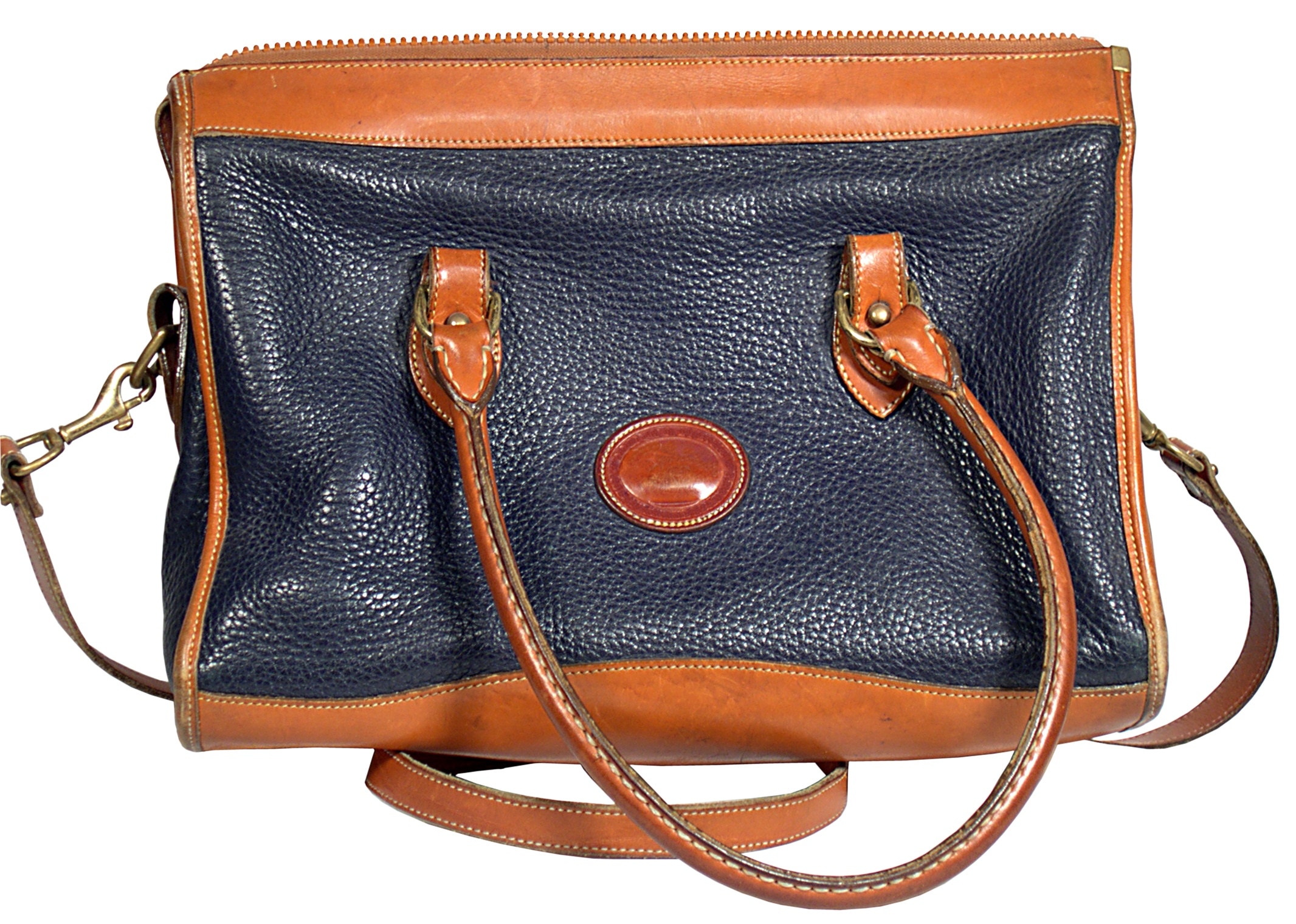 blue and brown leather 2 way tote bag