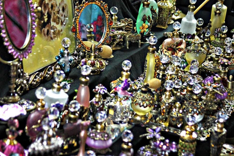 Glass, Colorful, Perfume Bottles, jewelry, large group of objects preview