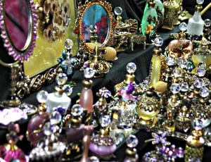 Glass, Colorful, Perfume Bottles, jewelry, large group of objects thumbnail