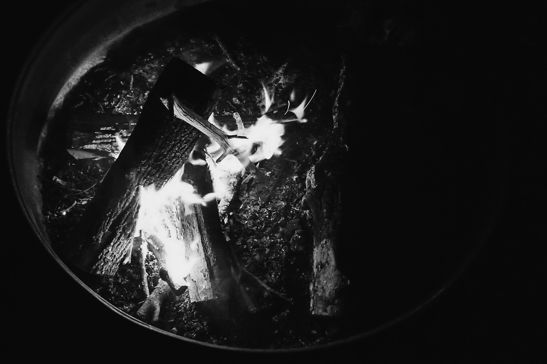 grayscale photo of bonfire