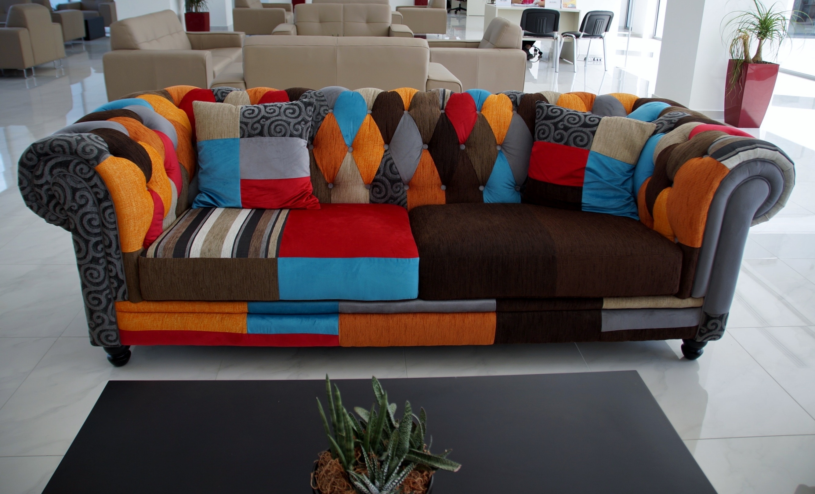 orange black red and brown couch