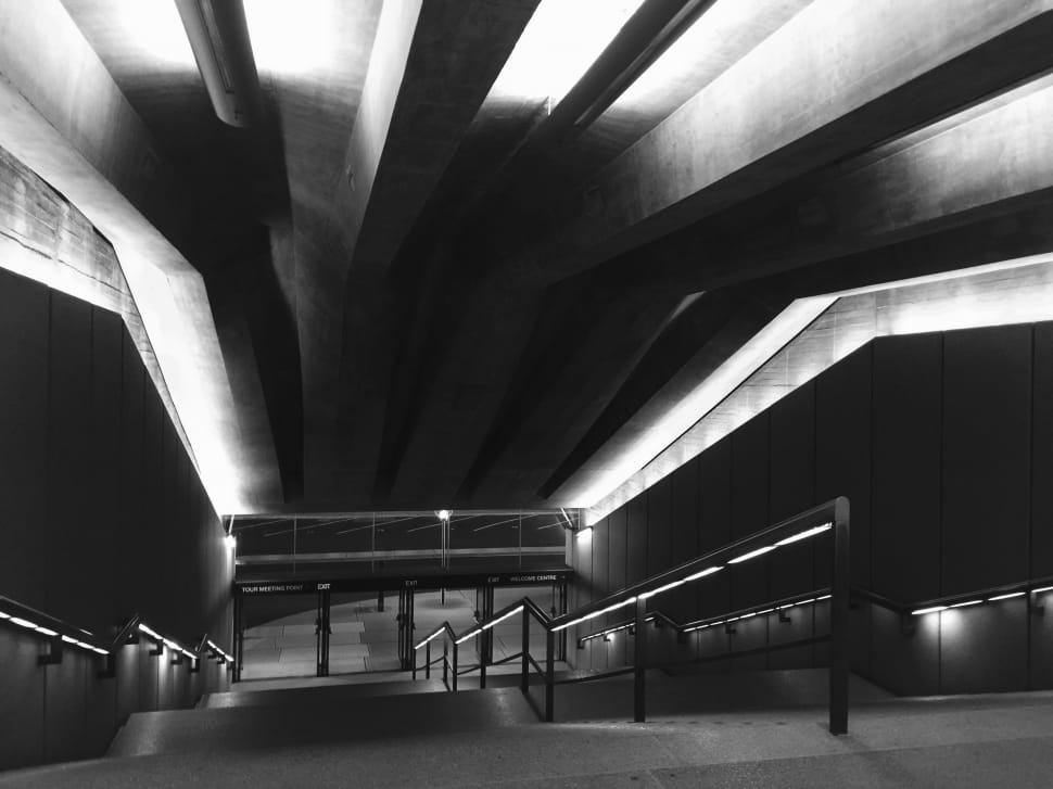 grayscale photography of stairs of underpass preview