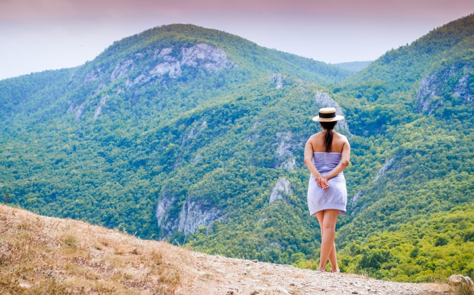 woman in purple strapless dress standing in front of forest and mountains under blue and white sunny sky during daytime preview