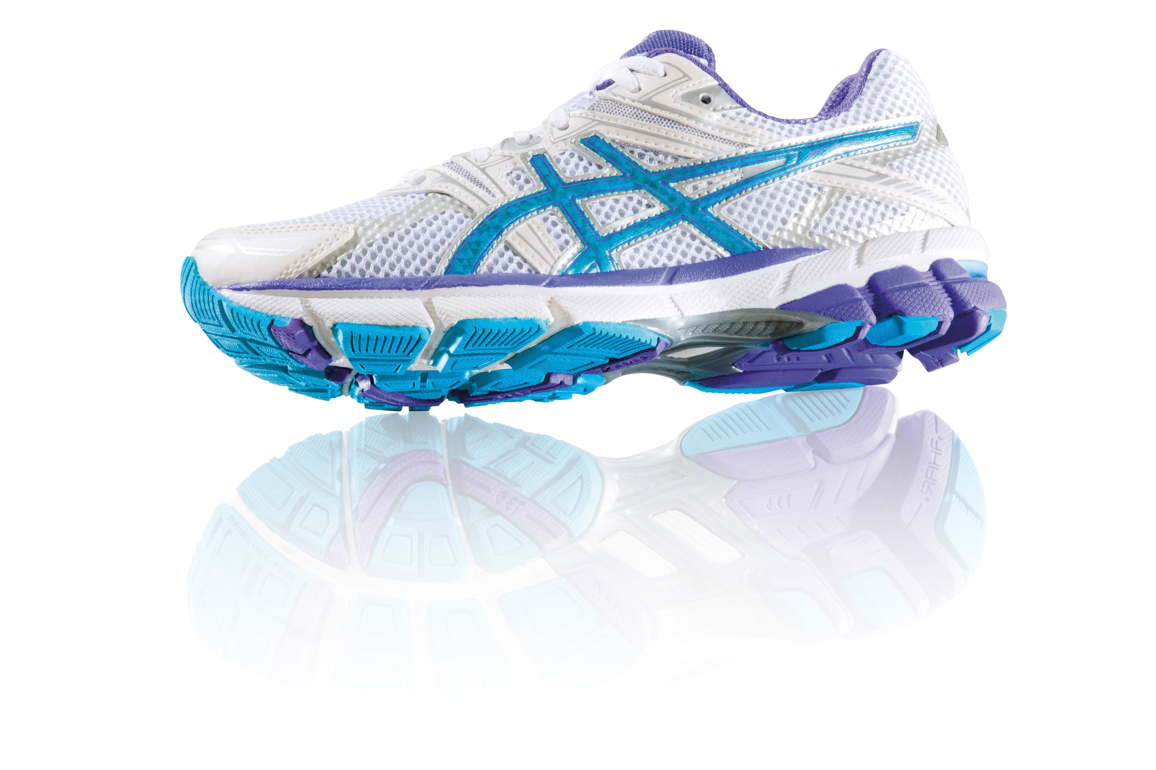 white blue and purple asics running shoe